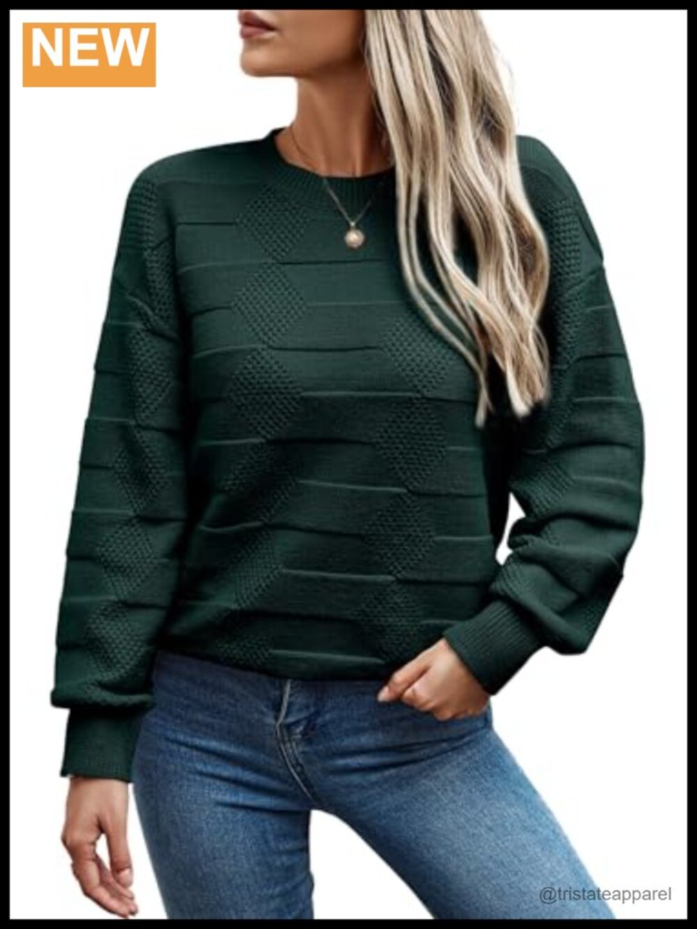 Oversized Knit Pullover Sweater Drop Shoulder Checkered Crewneck Long Sleeve